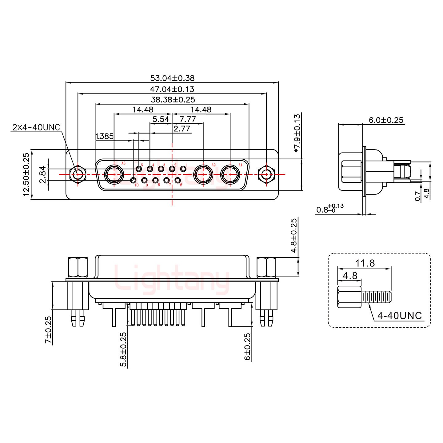 13W3母PCB直插板/鉚魚(yú)叉7.0/射頻同軸75歐姆