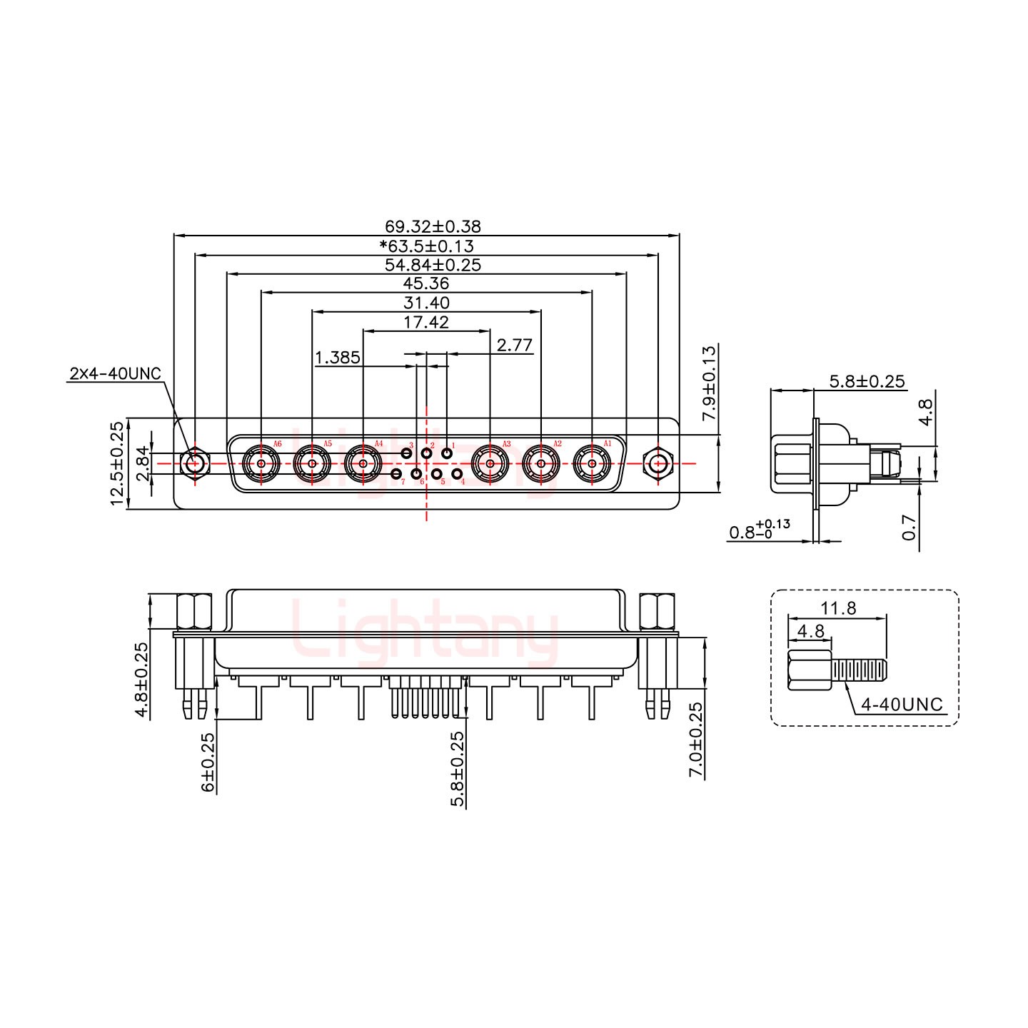 13W6A母PCB直插板/鉚魚(yú)叉7.0/射頻同軸75歐姆