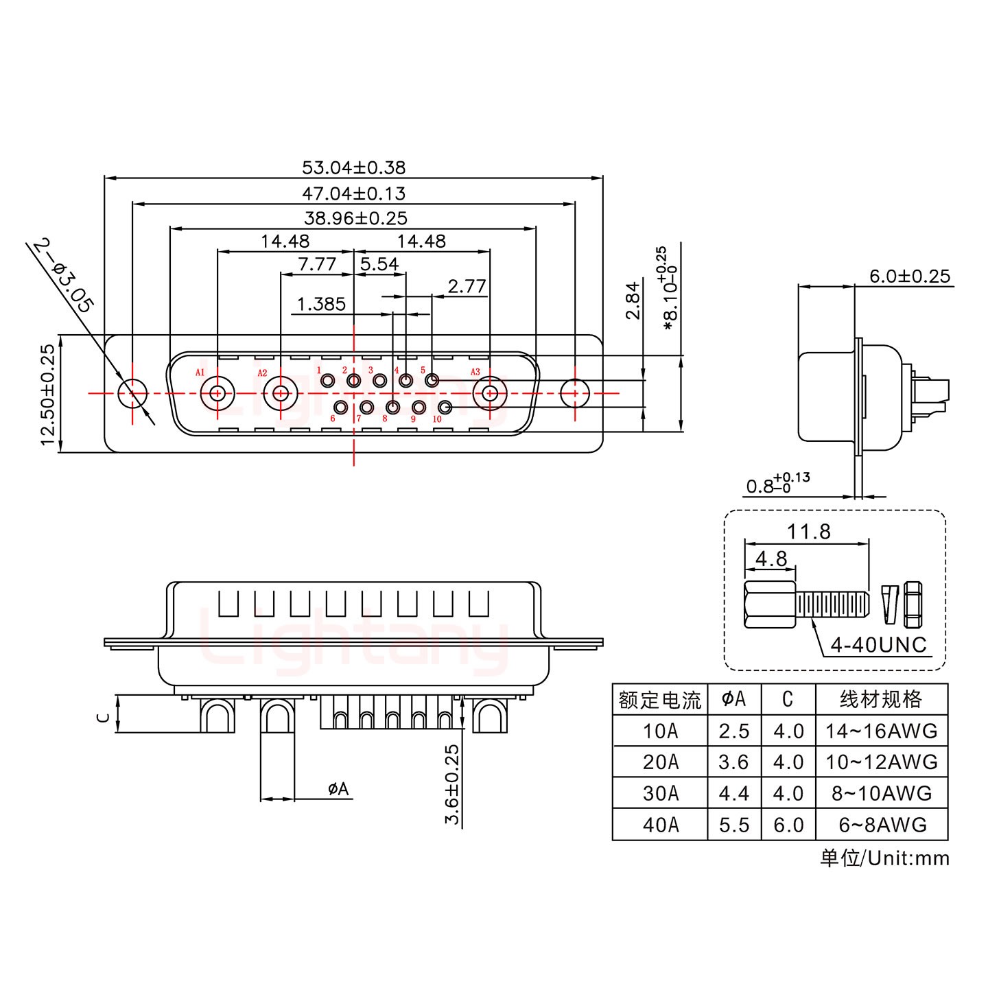 13W6A公短體焊線(xiàn)/配螺絲螺母/大電流20A