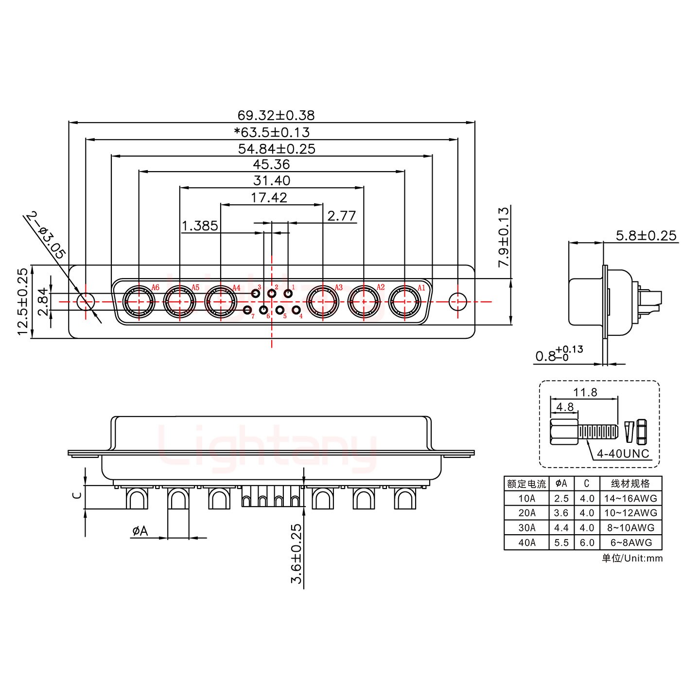 13W6A母短體焊線(xiàn)/配螺絲螺母/大電流30A
